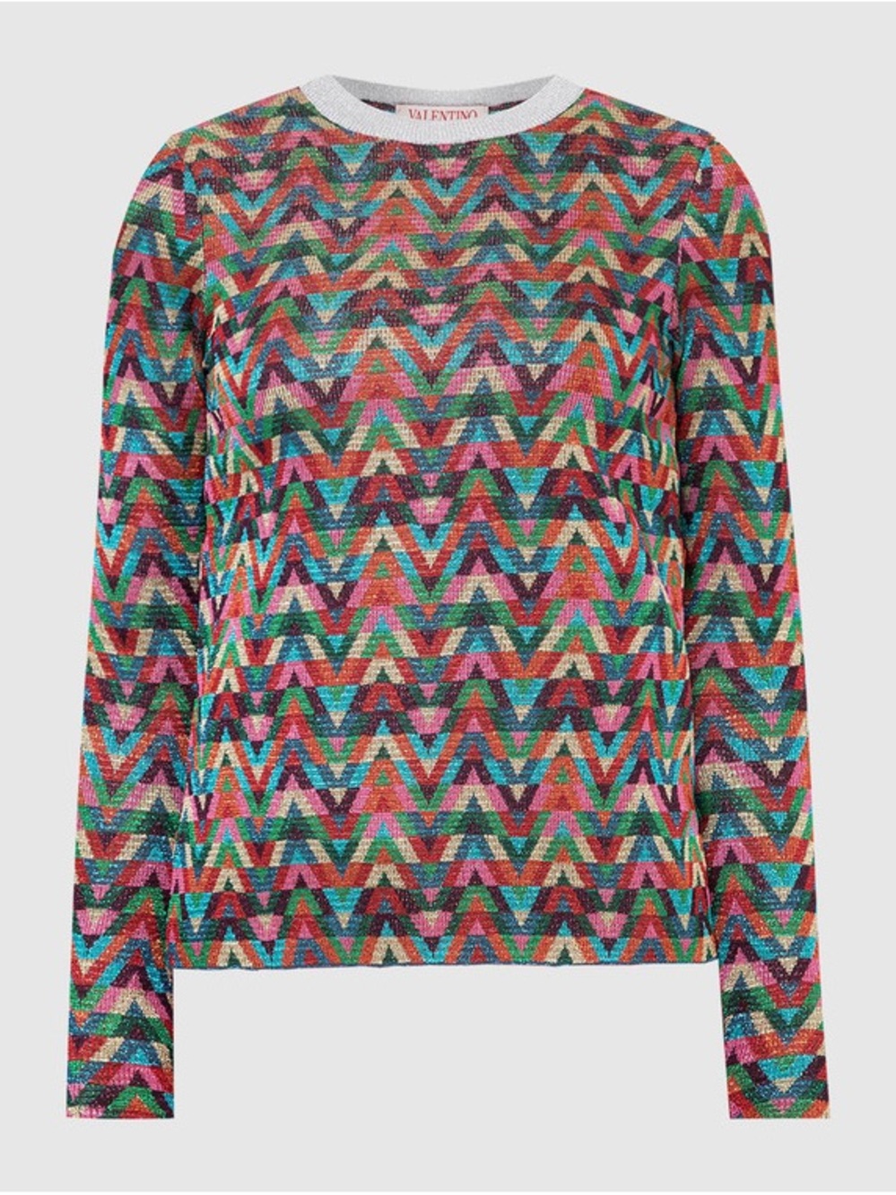 Valentino Multicolor Zigzag Sequin Long-Sleeve Top — Pink, Green, Blue, Gold